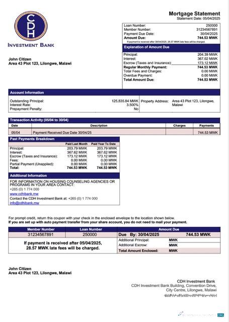 Download Malawi CDH Investment Bank mortgage statement Word and PDF template Photoshop template